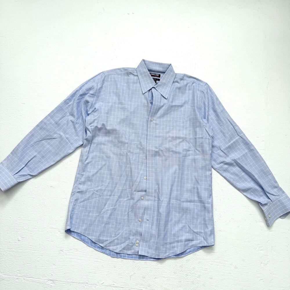 Kirkland Signature Non-Iron Dress Shirt 16-34/35 Blue Grid Check Mens Size L